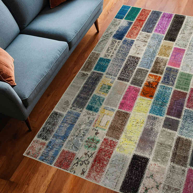 Multicolor Alfombra De Retazos Turca Sobre-teñida - 184 cm x 238 cm - K0051156