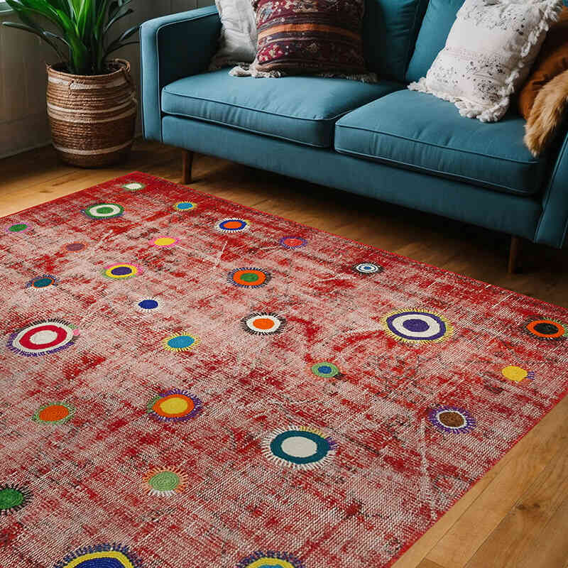 Red Patchwork Hand-Knotted Turkish Rug - 5' 10" x 7'  (70" x 84") - K0051157