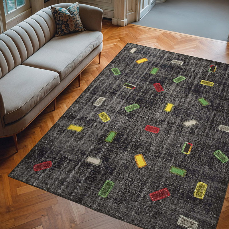 Black Patchwork Hand-Knotted Turkish Rug - 7' 3" x 9' 11" (87" x 119") - K0051158