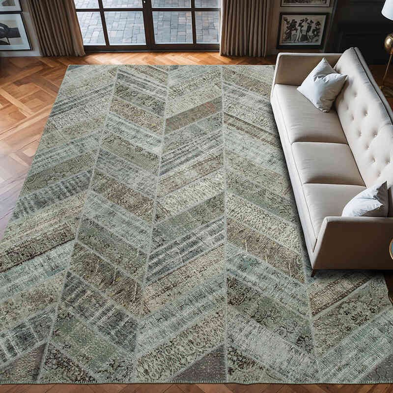 Azul claro, Gris Alfombra De Retazos Turca Sobre-teñida - 278 cm x 377 cm - K0051168