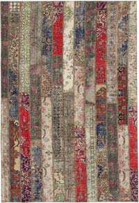 Multicolor, Red Patchwork Hand-Knotted Turkish Rug - 6' 9" x 9' 11" (81" x 119")