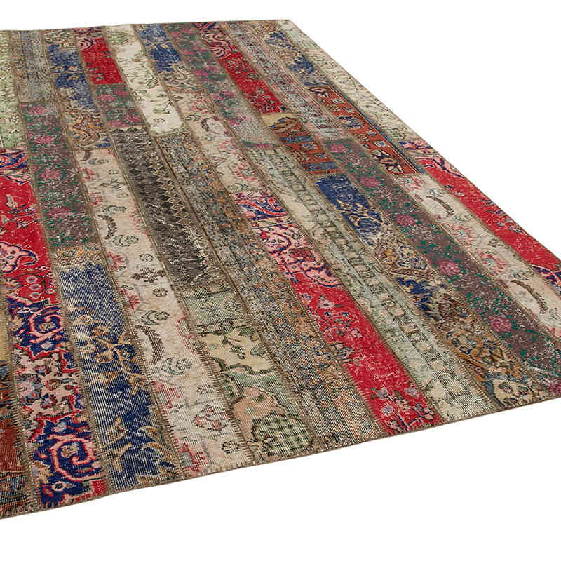 Multicolor, Red Patchwork Hand-Knotted Turkish Rug - 6' 9" x 9' 11" (81" x 119") - K0051178