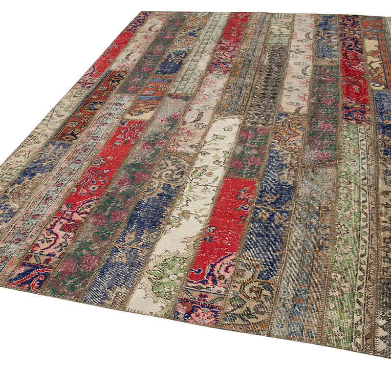 Multicolor, Red Patchwork Hand-Knotted Turkish Rug - 6' 9" x 9' 11" (81" x 119") - K0051178