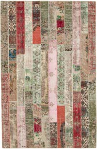 Multicolor, Red Patchwork Hand-Knotted Turkish Rug - 6' 8" x 10' 1" (80" x 121")