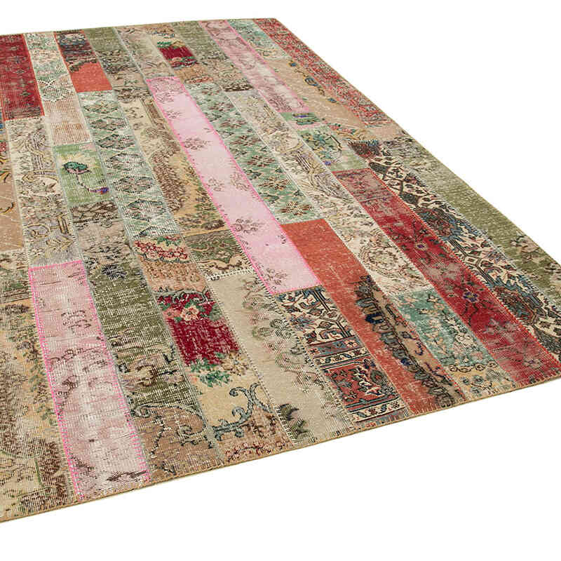 Multicolor, Red Patchwork Hand-Knotted Turkish Rug - 6' 8" x 10' 1" (80" x 121") - K0051181