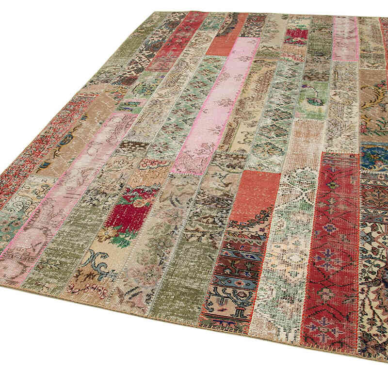 Multicolor, Red Patchwork Hand-Knotted Turkish Rug - 6' 8" x 10' 1" (80" x 121") - K0051181