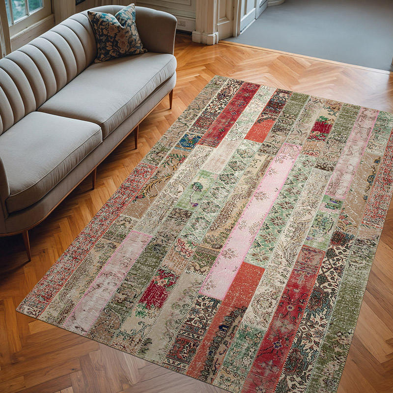 Multicolor, Red Patchwork Hand-Knotted Turkish Rug - 6' 8" x 10' 1" (80" x 121") - K0051181