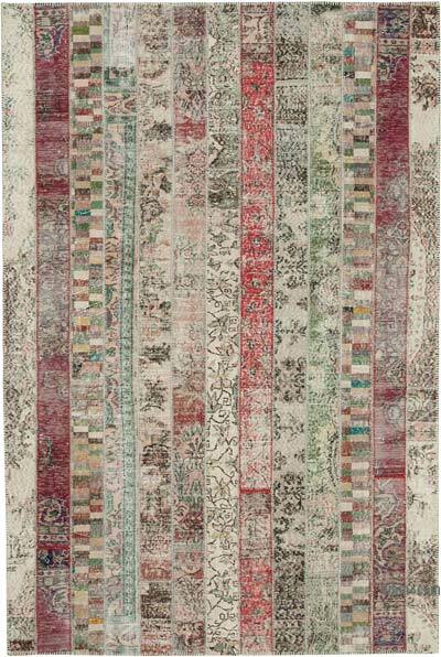 Multicolor, Red Patchwork Hand-Knotted Turkish Rug - 6' 8" x 10'  (80 in. x 120 in.)