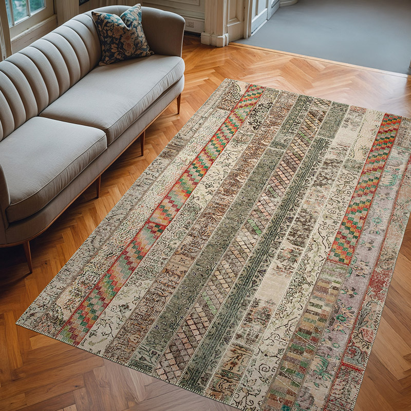 Multicolor Patchwork Hand-Knotted Turkish Rug - 6' 7" x 10'  (79" x 120") - K0051186