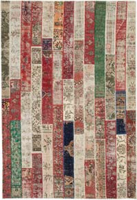 Multicolor, Red Patchwork Hand-Knotted Turkish Rug - 6' 7" x 9' 9" (79" x 117")