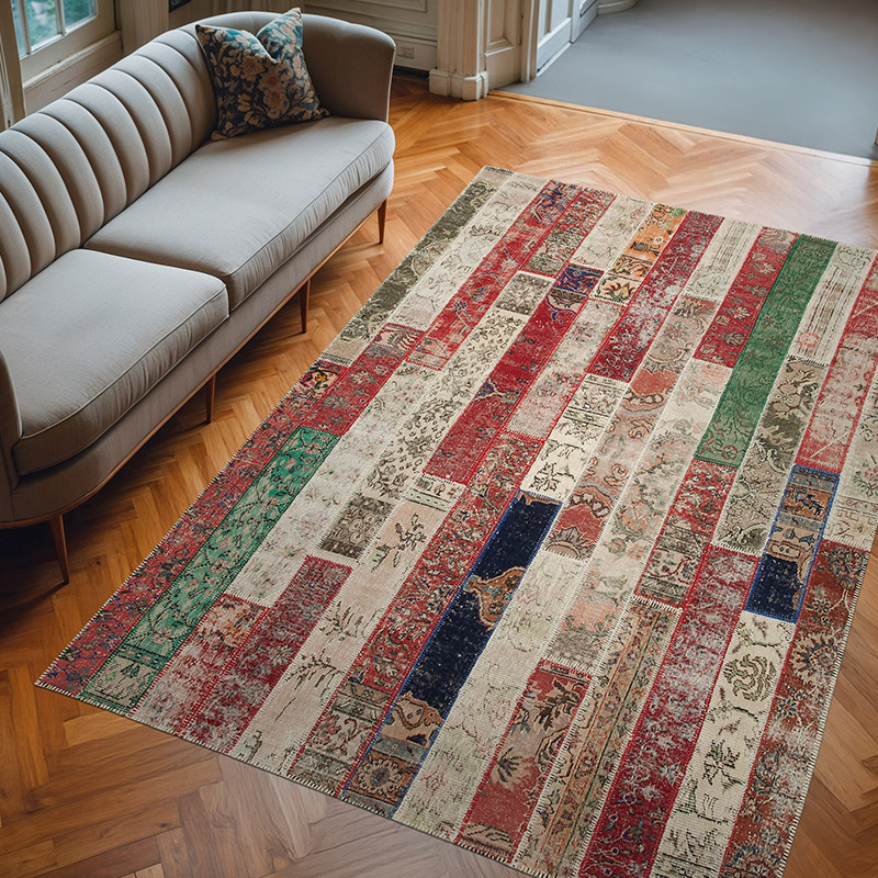 Multicolor, Red Patchwork Hand-Knotted Turkish Rug - 6' 7" x 9' 9" (79" x 117") - K0051187