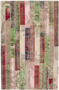 Red, Multicolor Patchwork Hand-Knotted Turkish Rug - 6' 7" x 10'  (79" x 120")