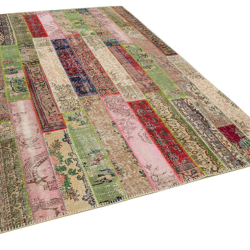 Red, Multicolor Patchwork Hand-Knotted Turkish Rug - 6' 7" x 10'  (79" x 120") - K0051188