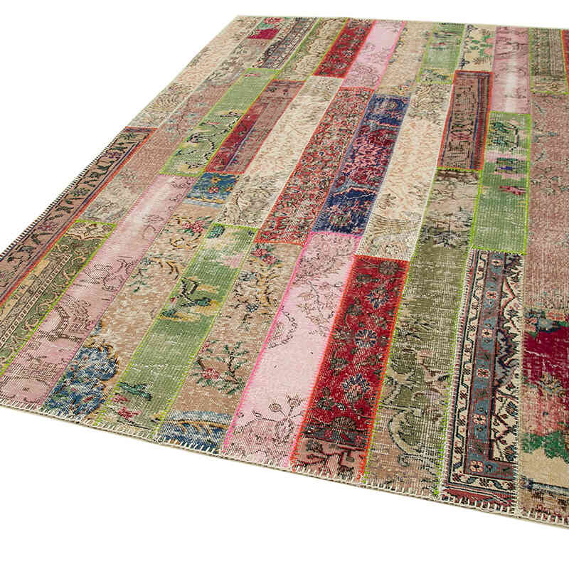 Red, Multicolor Patchwork Hand-Knotted Turkish Rug - 6' 7" x 10'  (79" x 120") - K0051188