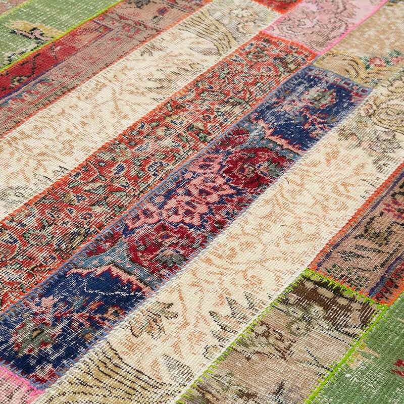 Red, Multicolor Patchwork Hand-Knotted Turkish Rug - 6' 7" x 10'  (79" x 120") - K0051188