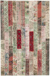 Red, Multicolor Patchwork Hand-Knotted Turkish Rug - 6' 7" x 10'  (79" x 120")