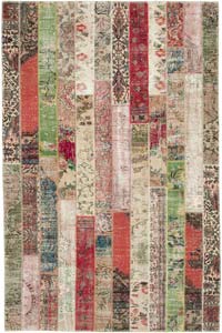 Multicolor, Red Patchwork Hand-Knotted Turkish Rug - 6' 7" x 10'  (79" x 120")