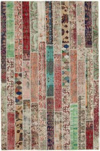 Multicolor, Red Patchwork Hand-Knotted Turkish Rug - 6' 8" x 10' 1" (80" x 121")