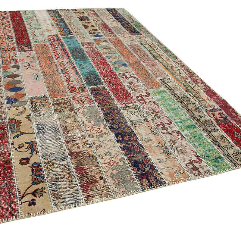 Multicolor, Red Patchwork Hand-Knotted Turkish Rug - 6' 8" x 10' 1" (80" x 121") - K0051193
