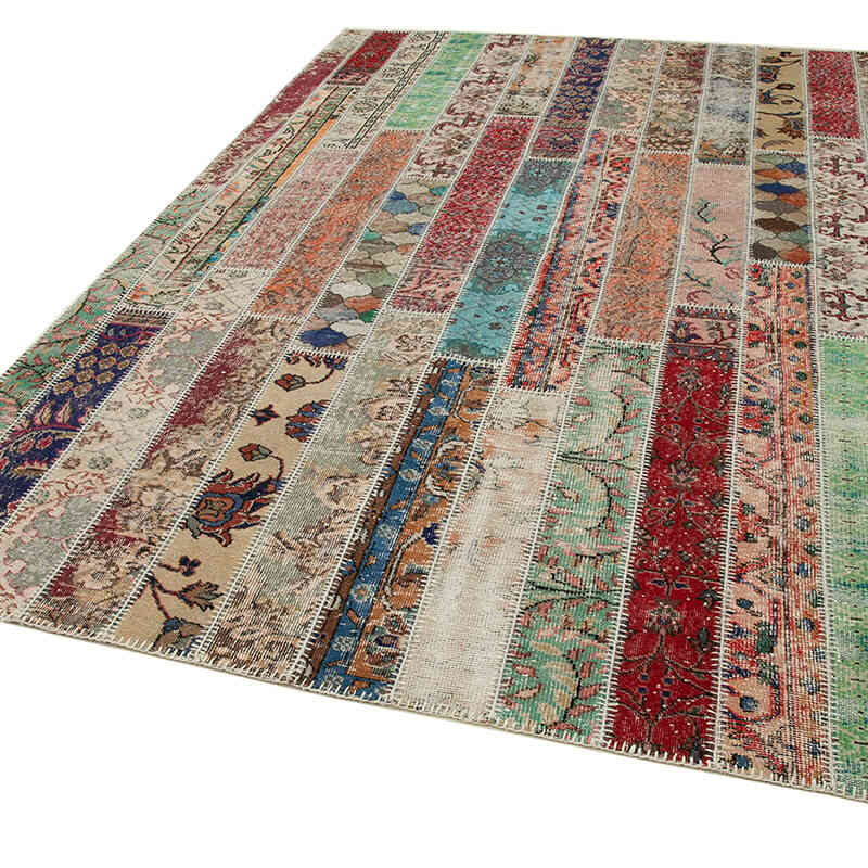 Multicolor, Red Patchwork Hand-Knotted Turkish Rug - 6' 8" x 10' 1" (80" x 121") - K0051193