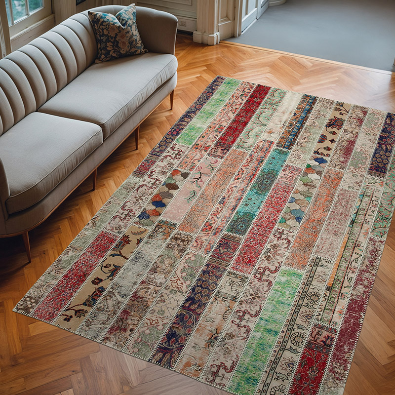 Multicolor, Red Patchwork Hand-Knotted Turkish Rug - 6' 8" x 10' 1" (80" x 121") - K0051193