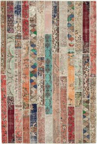 Multicolor, Red Patchwork Hand-Knotted Turkish Rug - 6' 9" x 10'  (81" x 120")