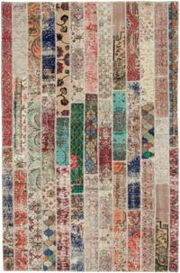 Red, Multicolor Patchwork Hand-Knotted Turkish Rug - 6' 8" x 10' 1" (80" x 121")