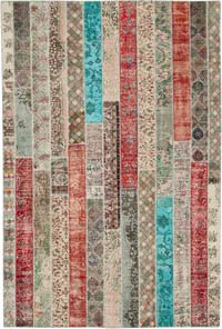 Multicolor, Red Patchwork Hand-Knotted Turkish Rug - 6' 8" x 10'  (80" x 120")