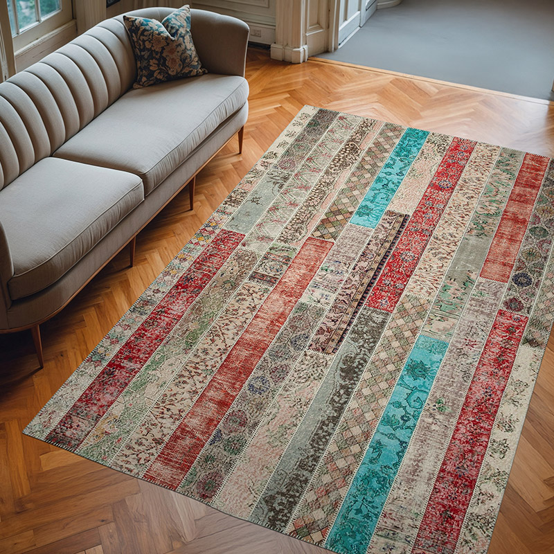 Multicolor, Red Patchwork Hand-Knotted Turkish Rug - 6' 8" x 10'  (80" x 120") - K0051199
