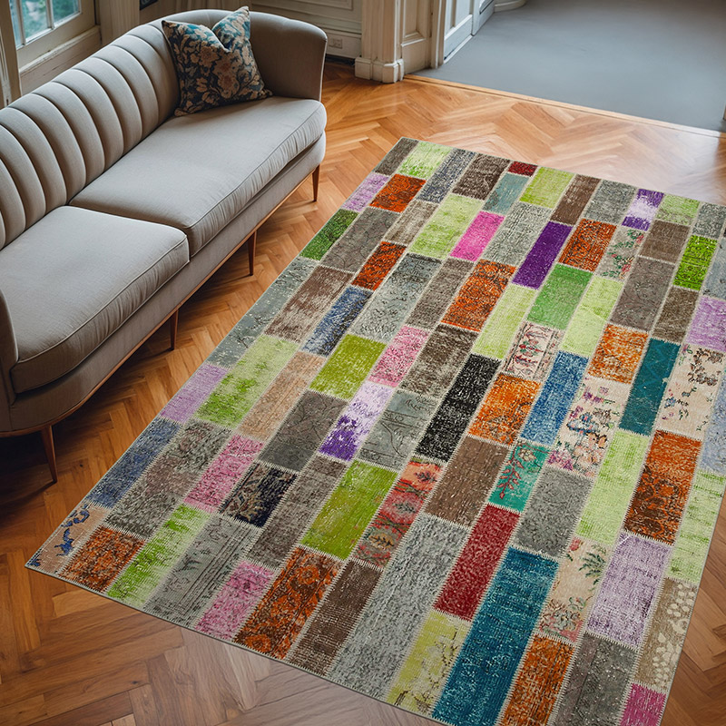 Multicolor Alfombra De Retazos Turca Sobre-teñida - 210 cm x 301 cm - K0051200