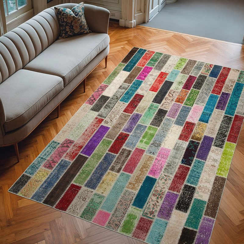 Multicolor Patchwork Hand-Knotted Turkish Rug - 6' 7" x 10' 1" (79" x 121") - K0051201
