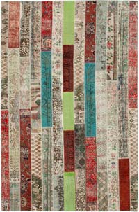 Multicolor, Red Patchwork Hand-Knotted Turkish Rug - 6' 8" x 10' 1" (80" x 121")