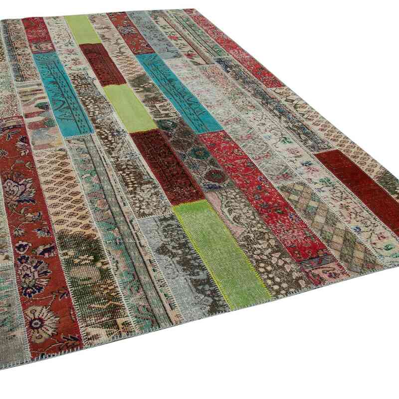 Multicolor, Red Patchwork Hand-Knotted Turkish Rug - 6' 8" x 10' 1" (80 in. x 121 in.) - K0051205