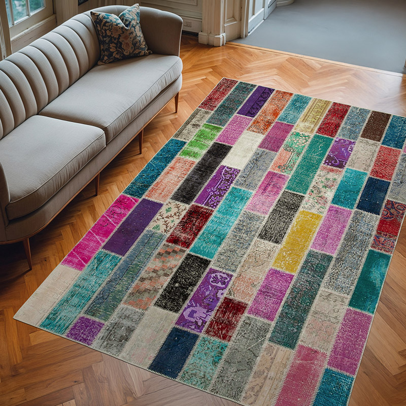 Multicolor Alfombra De Retazos Turca Sobre-teñida - 198 cm x 298 cm - K0051206