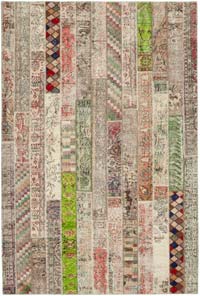 Multicolor, Beige Patchwork Hand-Knotted Turkish Rug - 6' 7" x 9' 11" (79" x 119")