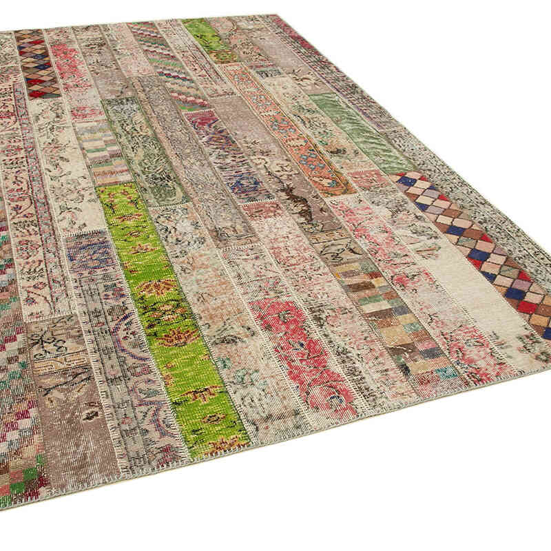Multicolor, Beige Patchwork Hand-Knotted Turkish Rug - 6' 7" x 9' 11" (79" x 119") - K0051207