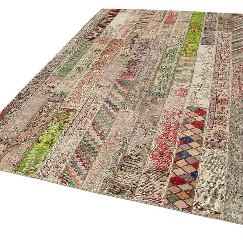 Multicolor, Beige Patchwork Hand-Knotted Turkish Rug - 6' 7" x 9' 11" (79" x 119") - K0051207