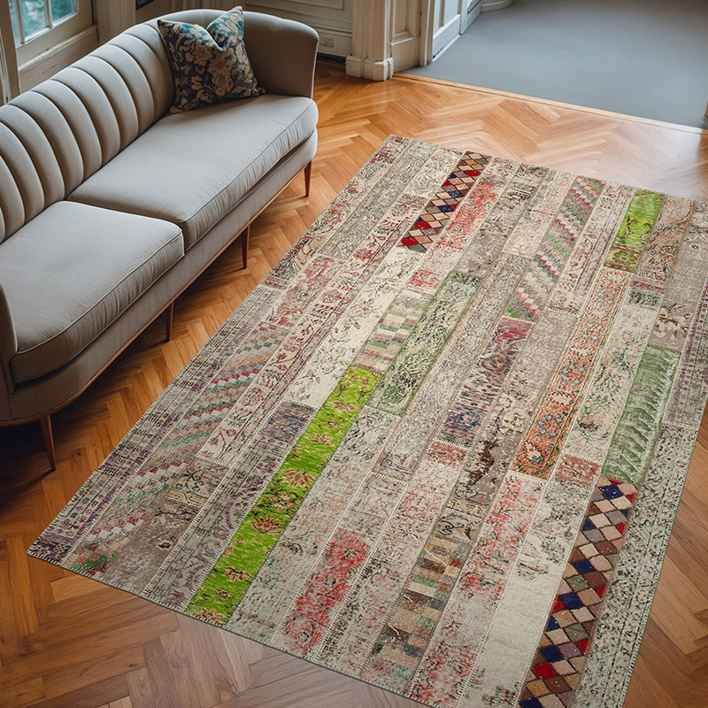 Multicolor, Beige Patchwork Hand-Knotted Turkish Rug - 6' 7" x 9' 11" (79" x 119") - K0051207