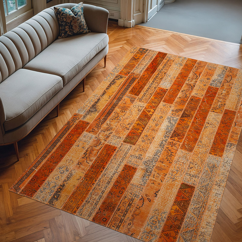 Turuncu Boyalı Patchwork Halı - 202 cm x 305 cm - K0051218