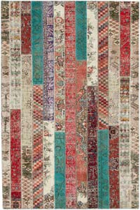Multicolor, Red Patchwork Hand-Knotted Turkish Rug - 6' 8" x 10' 1" (80" x 121")