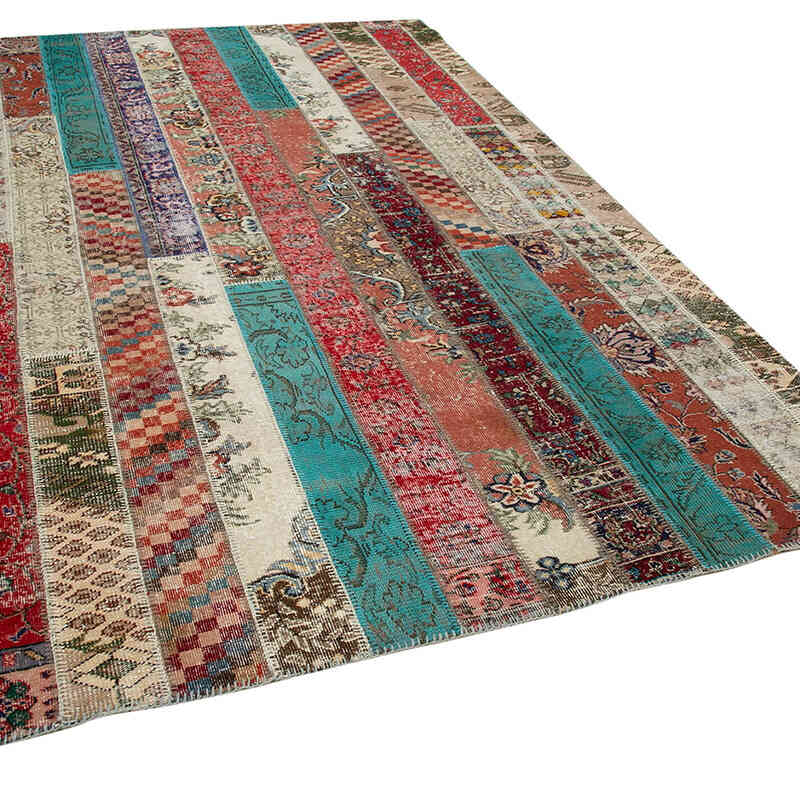 Multicolor, Red Patchwork Hand-Knotted Turkish Rug - 6' 8" x 10' 1" (80" x 121") - K0051220