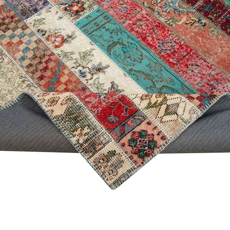 Multicolor, Red Patchwork Hand-Knotted Turkish Rug - 6' 8" x 10' 1" (80" x 121") - K0051220