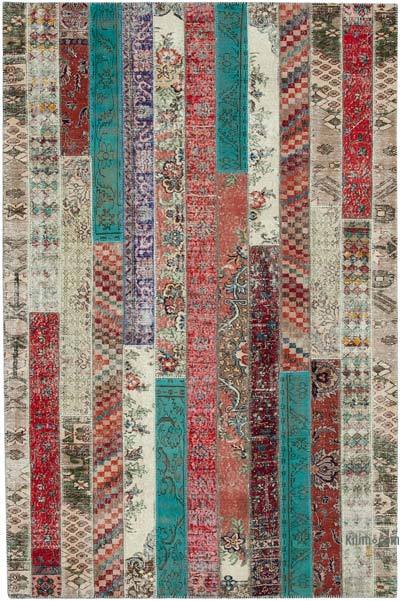 Multicolor, Red Patchwork Hand-Knotted Turkish Rug - 6' 8" x 10' 1" (80 in. x 121 in.)