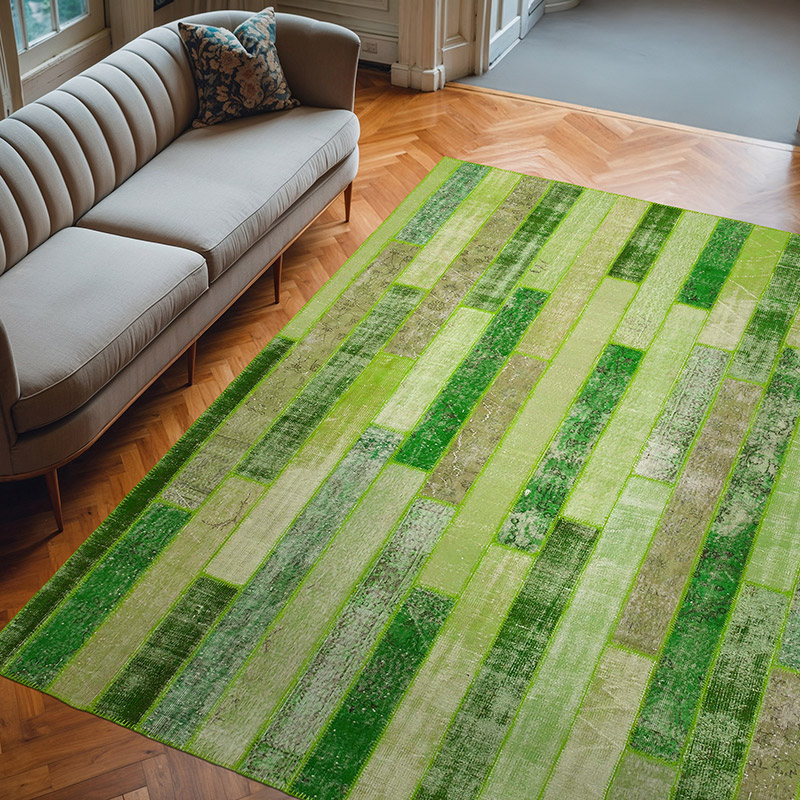 Green Patchwork Hand-Knotted Turkish Rug - 8' 1" x 10' 1" (97" x 121") - K0051226