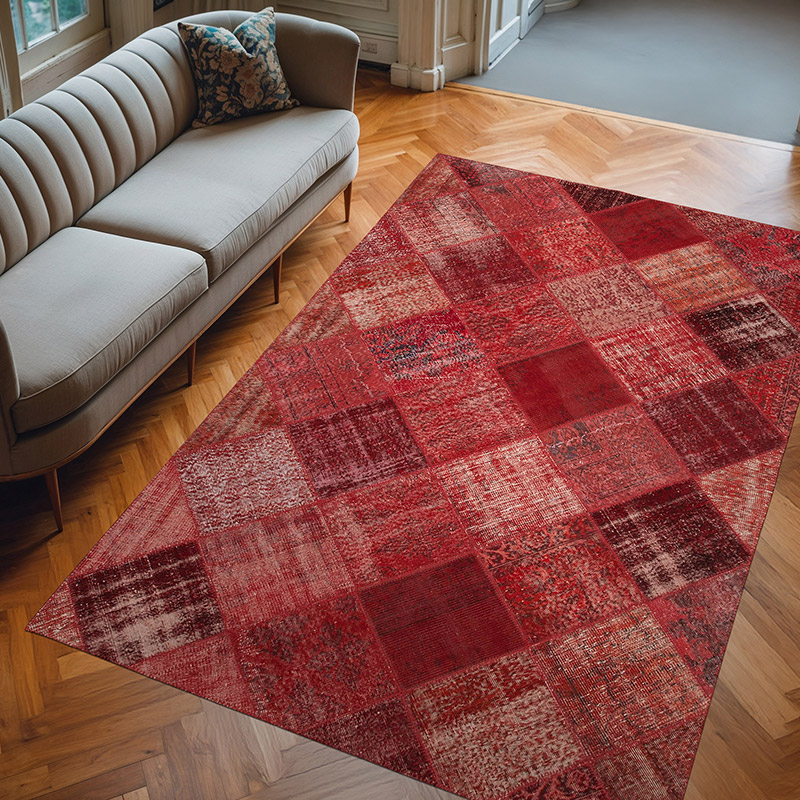 Kırmızı Boyalı Patchwork Halı - 197 cm x 304 cm - K0051228