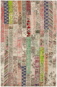 Red, Multicolor Patchwork Hand-Knotted Turkish Rug - 6' 7" x 10'  (79" x 120")