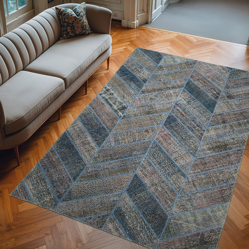 Blue Patchwork Hand-Knotted Turkish Rug - 6' 6" x 9' 10" (78" x 118") - K0051232
