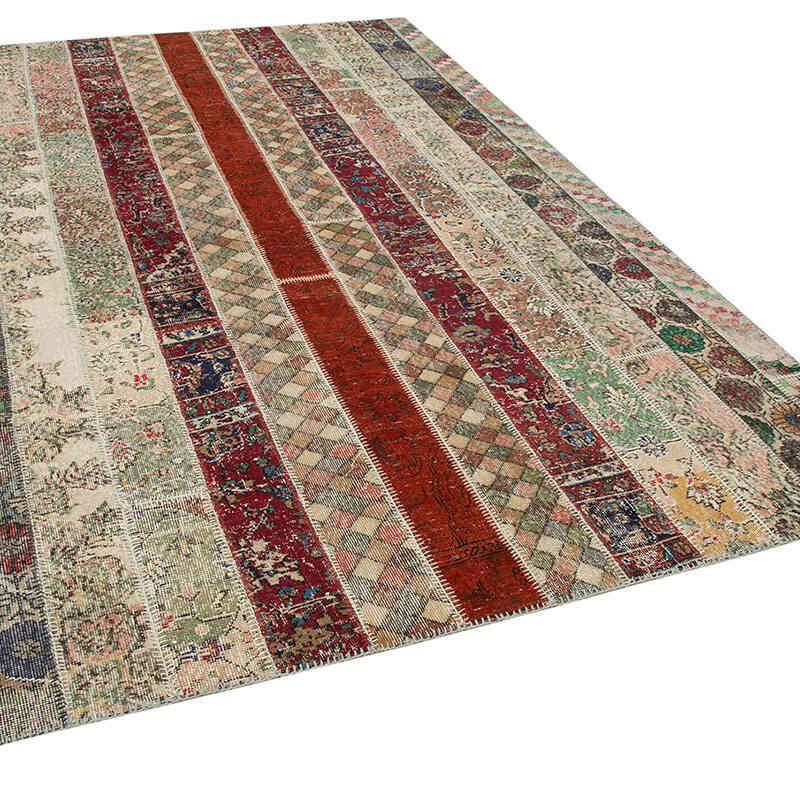 Multicolor, Red Patchwork Hand-Knotted Turkish Rug - 6' 8" x 10' 1" (80" x 121") - K0051233