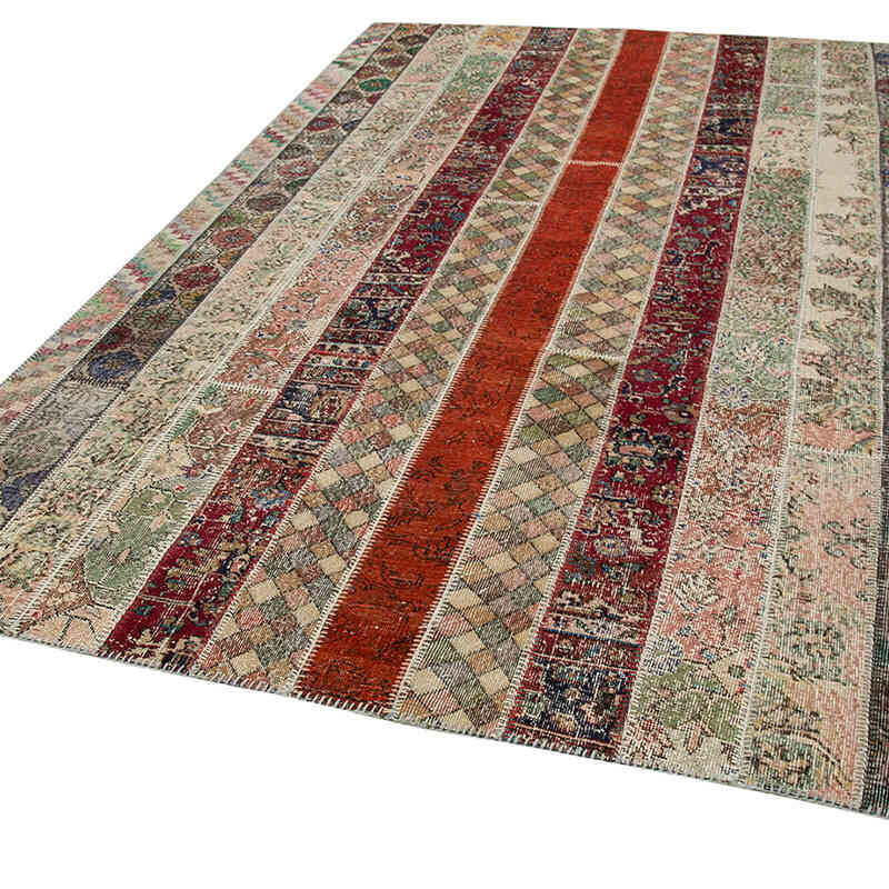 Multicolor, Red Patchwork Hand-Knotted Turkish Rug - 6' 8" x 10' 1" (80" x 121") - K0051233