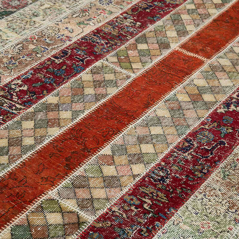 Multicolor, Red Patchwork Hand-Knotted Turkish Rug - 6' 8" x 10' 1" (80" x 121") - K0051233